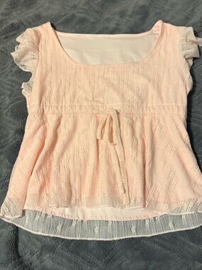 SHEIN Soft Pink Lace-Trim Peplum Blouse